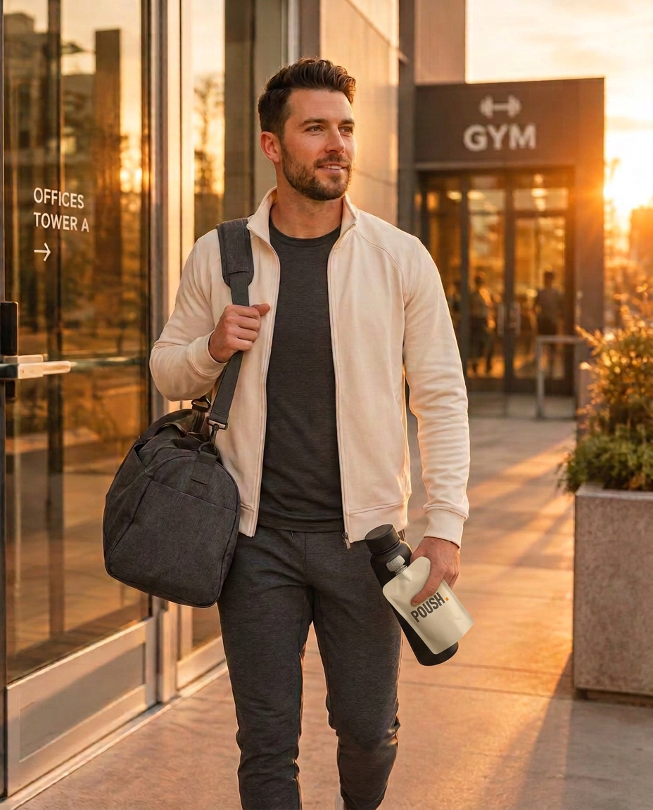Sportif du quotidien en sortie de bureau avec son pouch POUSH et sa gourde