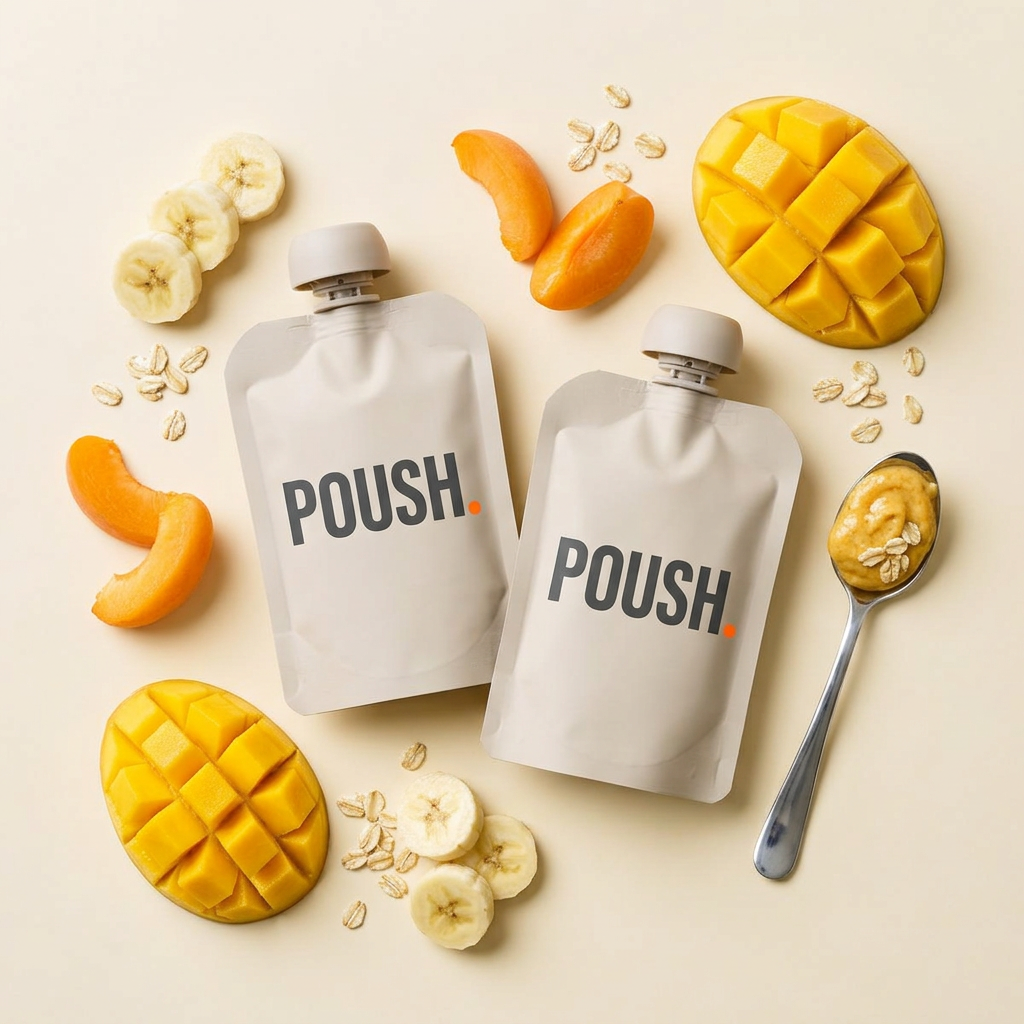 Compotes concept POUSH avec mangue, banane, abricot et flocons d'avoine